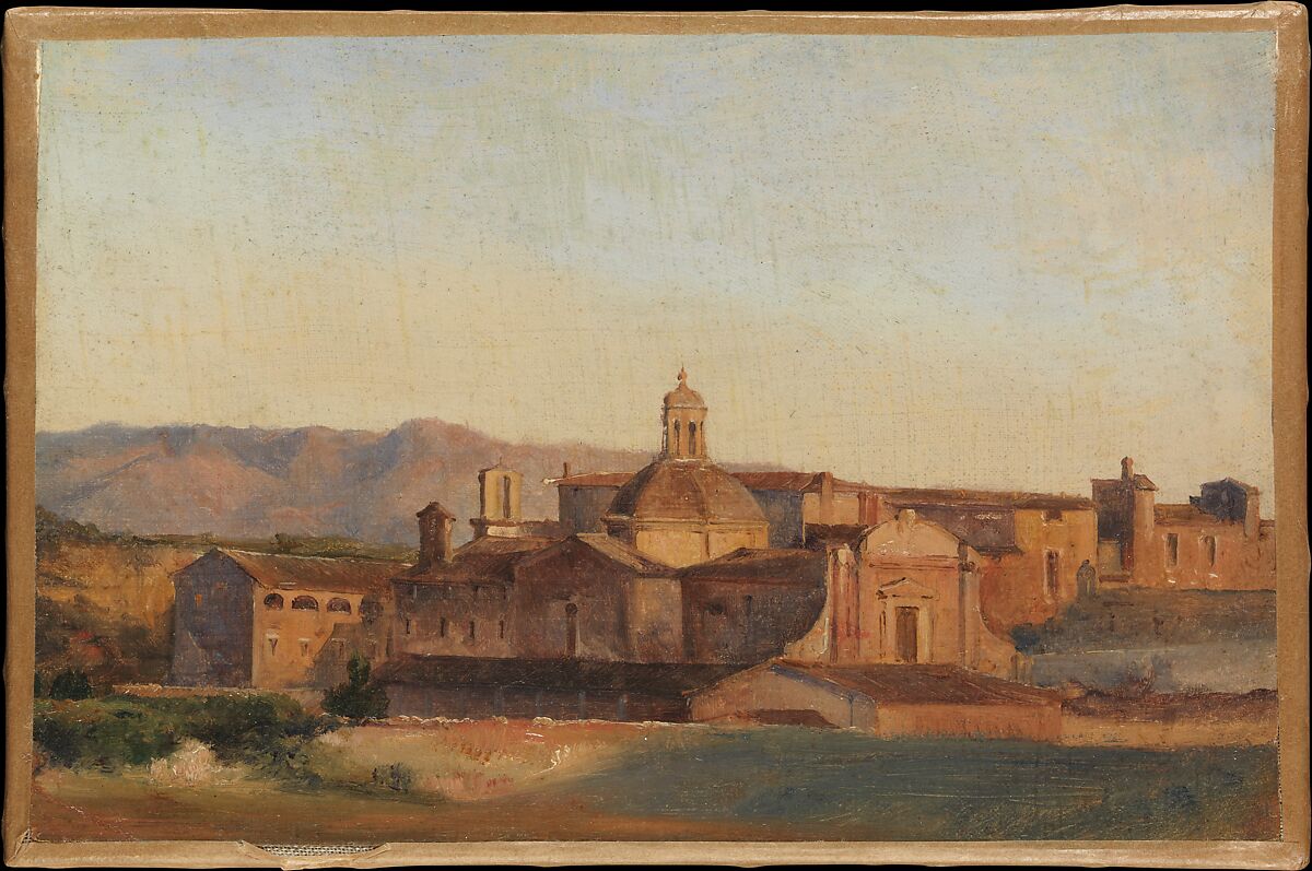 Convent at Subiaco, Léon Fleury (French, Paris 1804–1858 Paris), Oil on paper, laid down on canvas 