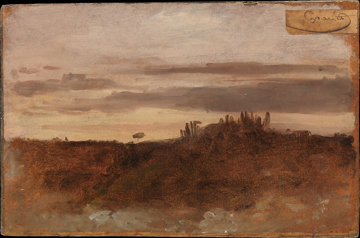 Dusk, Monte Mario, Rome, François Marius Granet (French, Aix-en-Provence 1775–1849 Aix-en-Provence), Oil on paper, laid down on cardboard 