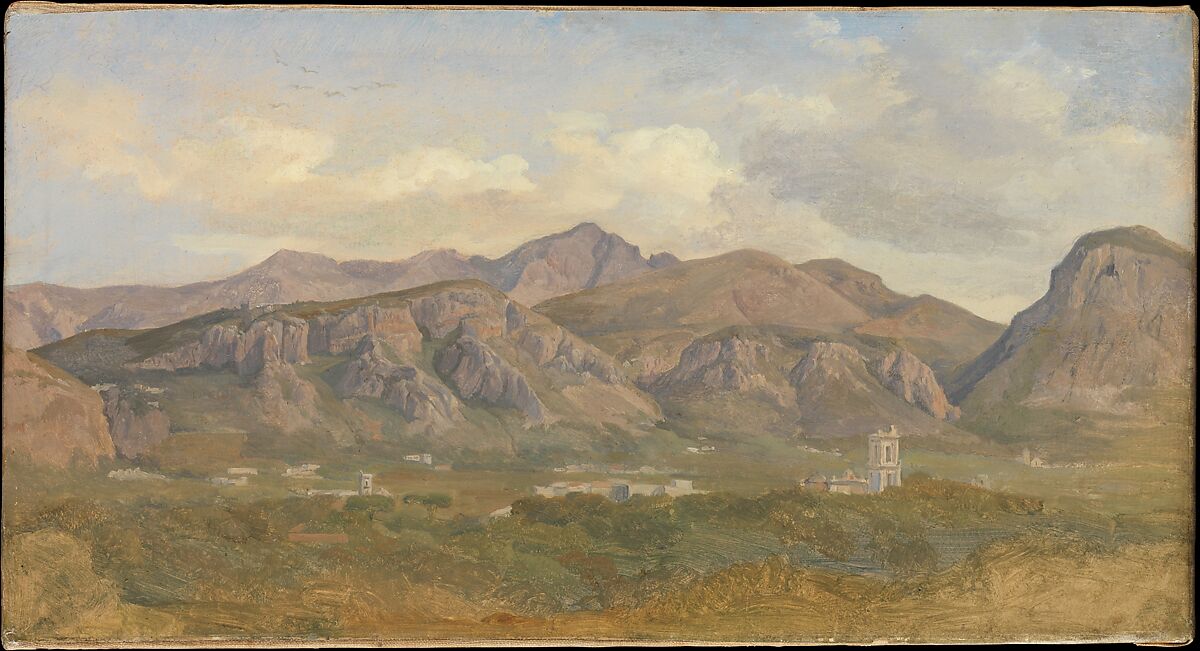 View of Monte Sant'Angelo from the Villa Auriemma near Sorrento, August Lucas (German, Darmstadt 1803–1863 Darmstadt), Oil on paper, laid down on canvas 