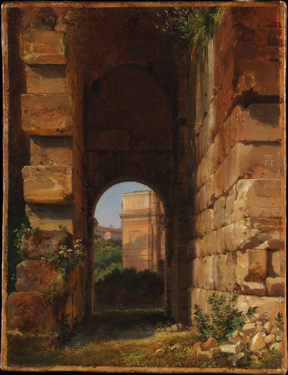 The Arch of Constantine Seen from the Colosseum, Lancelot Théodore Turpin de Crissé (French, Paris 1782–1859 Paris), Oil on paper, laid down on canvas 