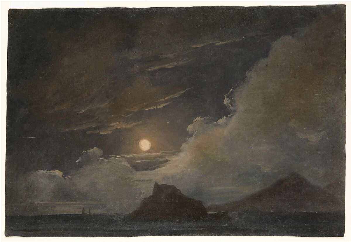 Ischia and the Bay of Naples by Moonlight, Pierre Henri de Valenciennes or Circle (French, Toulouse 1750–1819 Paris), Oil on paper 