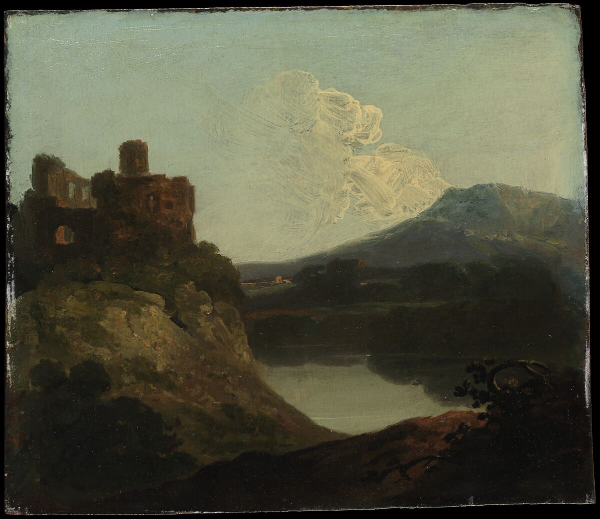 Welsh Landscape with a Ruined Castle by a Lake, Richard Wilson (British, Penegoes, Wales 1712/13–1782 Denbighshire, Wales), Oil on wood 