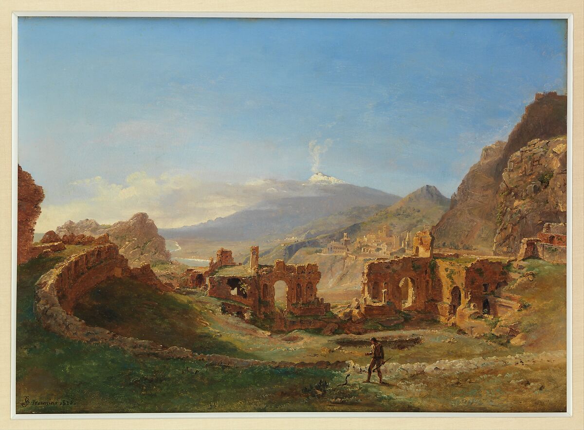 The Roman Theater, Taormina, Joséphine Sarazin de Belmont (French, Versailles 1790–1870 Paris), Oil on paper, laid down on board 
