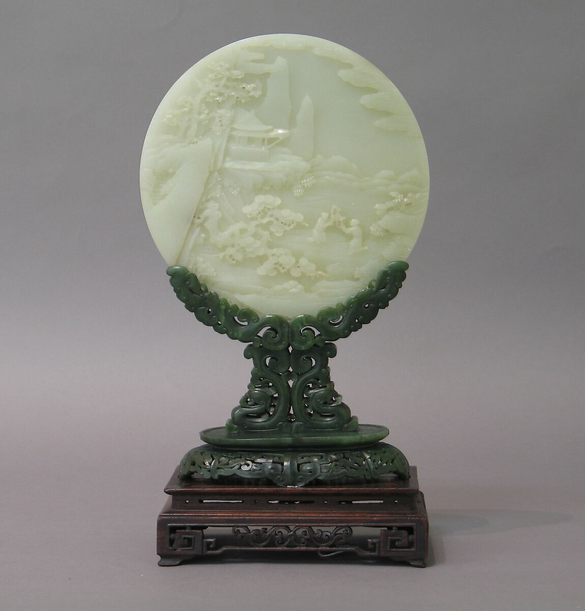 Table screen, Nephrite, white with light-greenish tint, stand of spinach-green, China 