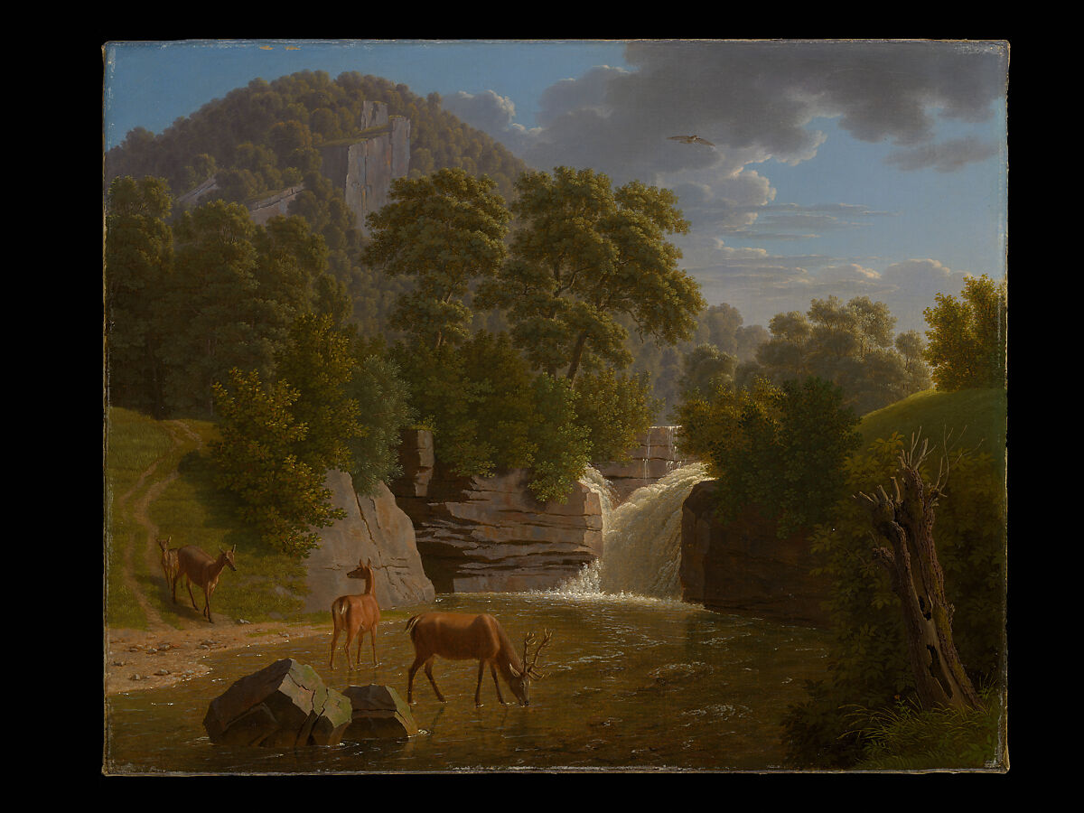 Mountain Landscape with Deer at a River, Johann Jakob Biedermann (Swiss, Winterthur 1763–1830 Aussersihl), Oil on paper, laid down on canvas 