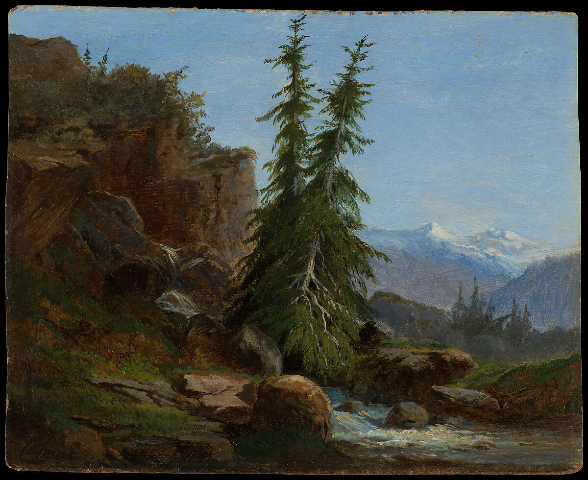 Mountain Landscape, Valais, Switzerland, Alexandre Calame (Swiss, Vevey 1810–1864 Menton), Oil on cardboard 