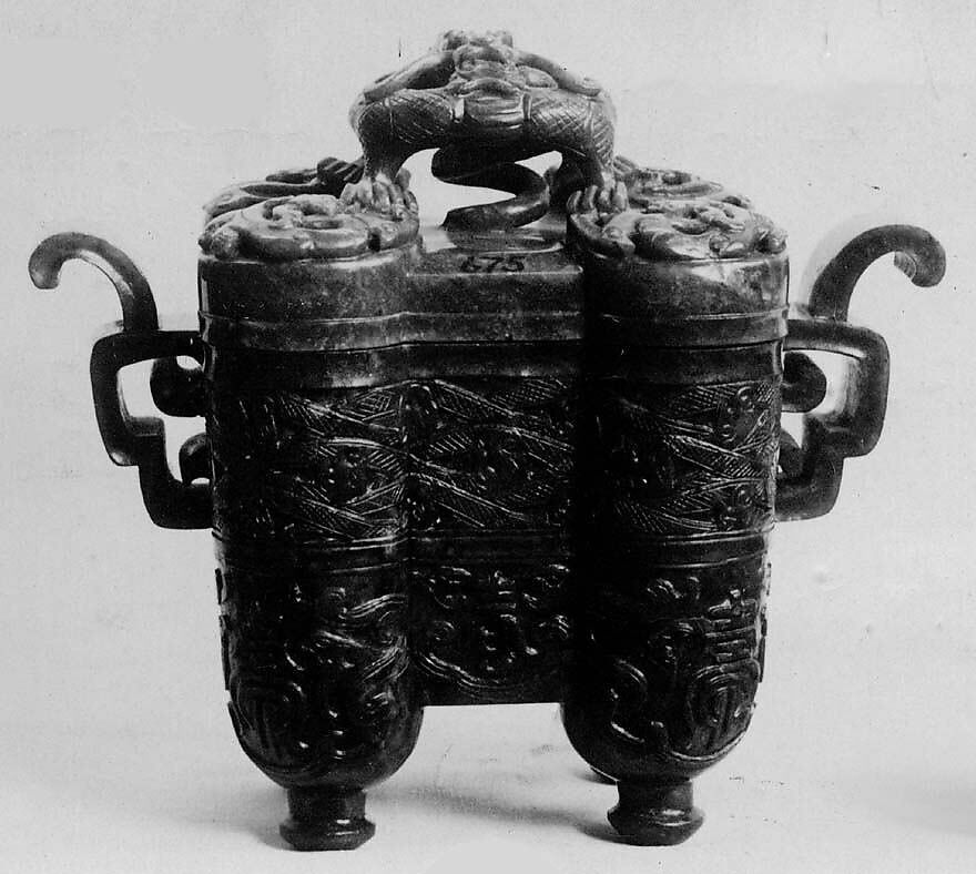 Urn with cover, Nephrite, mottled spinach-green, China