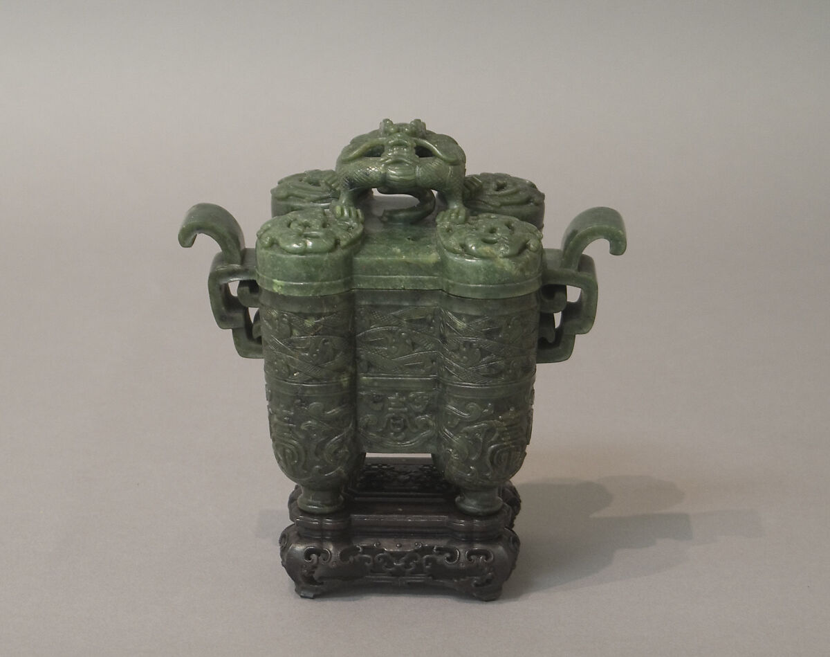 Urn with cover, Nephrite, mottled spinach-green, China 