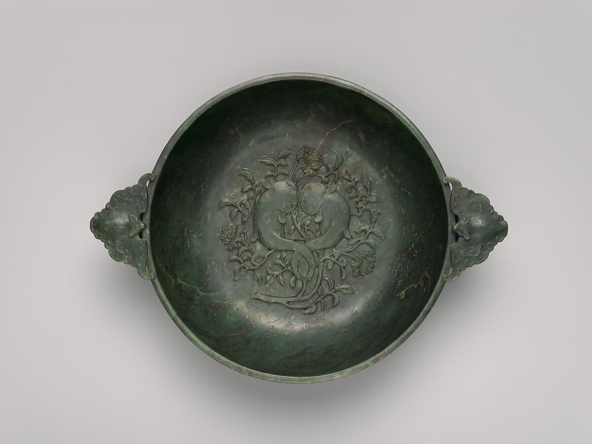 Bowl with Square Handles, Nephrite, spinach-green with black specks and mottlings of brown clouds, China