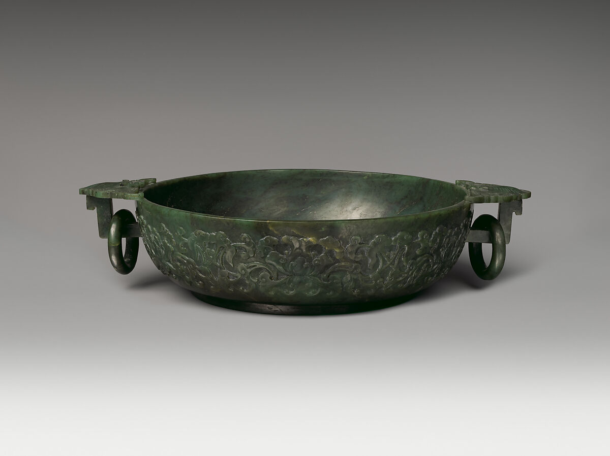 Bowl with Square Handles, Nephrite, spinach-green with black specks and mottlings of brown clouds, China 