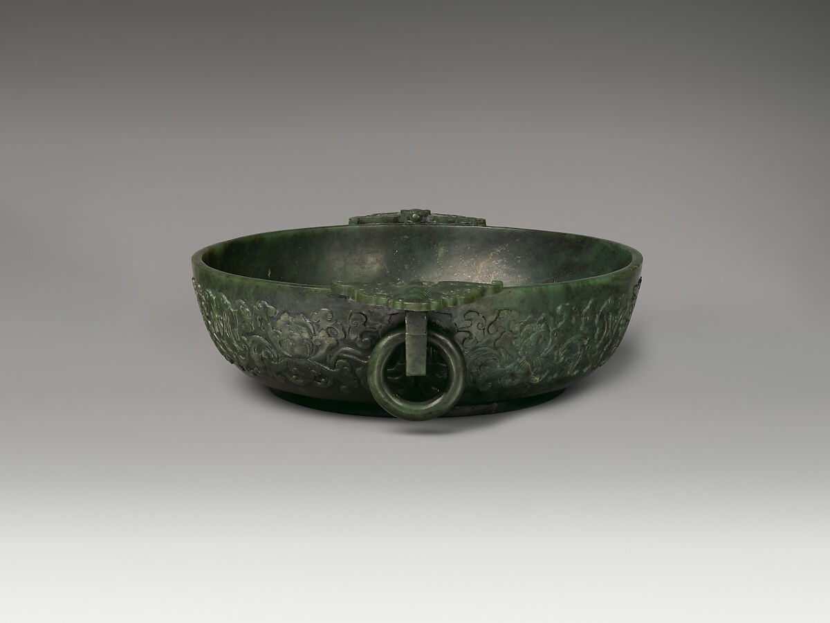 Bowl with Square Handles, Nephrite, spinach-green with black specks and mottlings of brown clouds, China