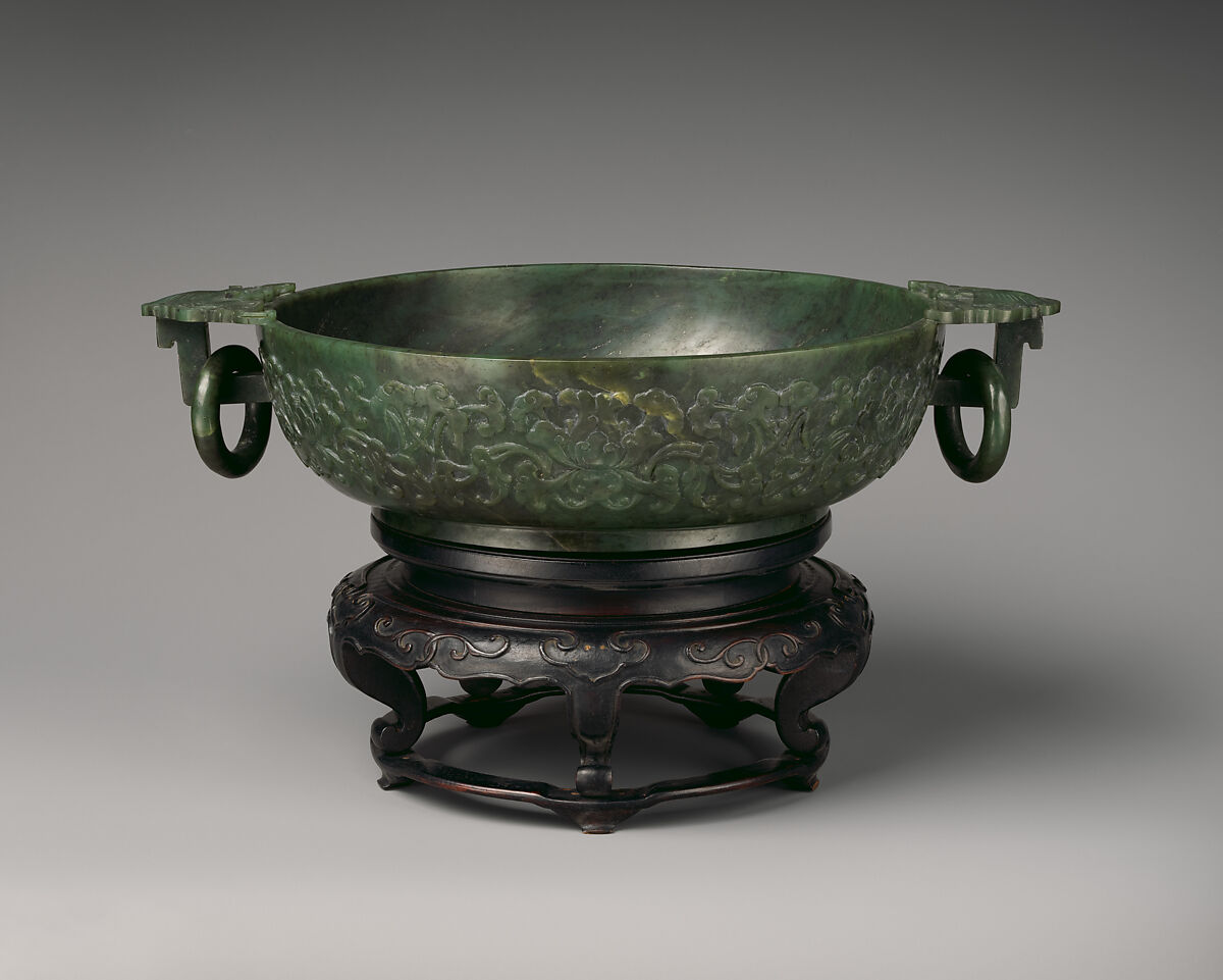 Bowl with Square Handles, Nephrite, spinach-green with black specks and mottlings of brown clouds, China