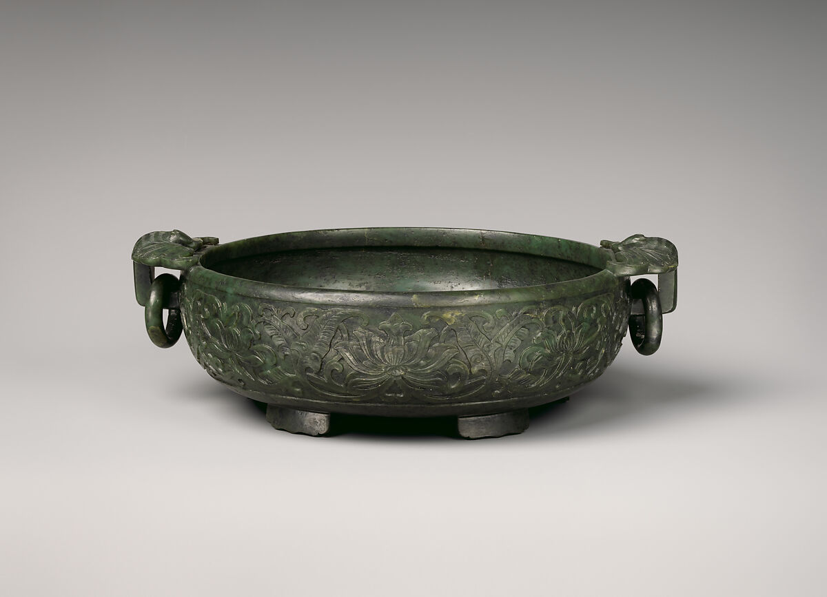 Bowl, Nephrite, spinach-green lightly flecked with black, China 