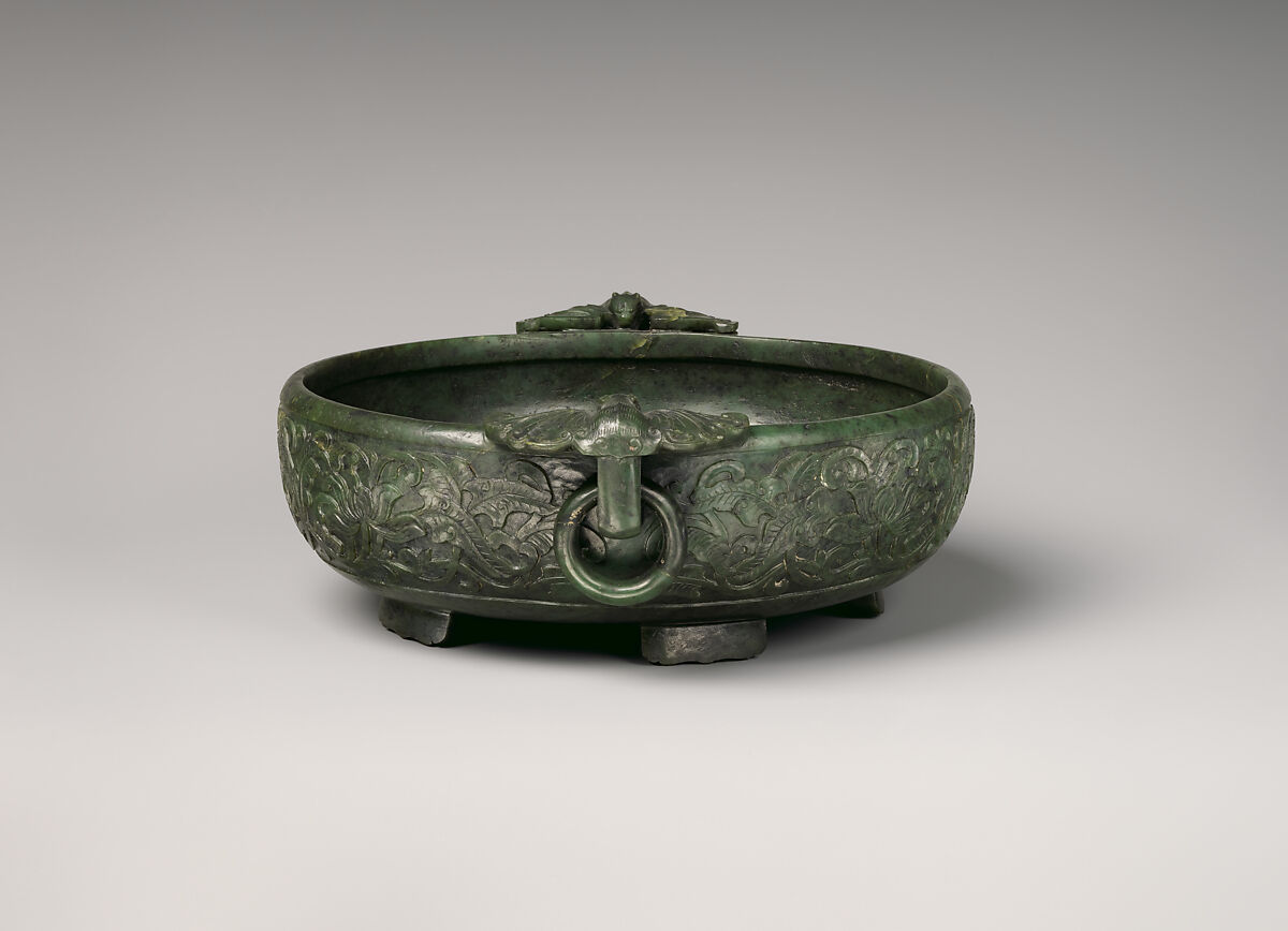 Bowl, Nephrite, spinach-green lightly flecked with black, China