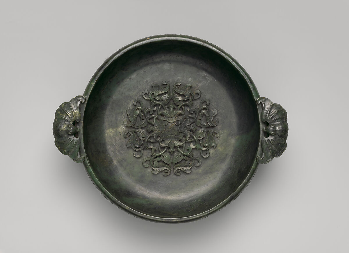 Bowl, Nephrite, spinach-green lightly flecked with black, China
