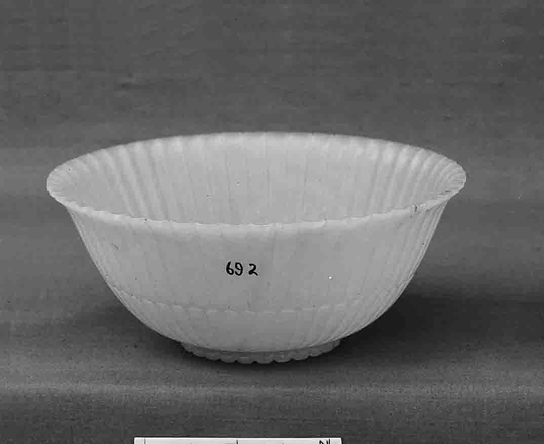 One of Pair of Rice Bowls, Nephrite, white with light greenish tint, China 