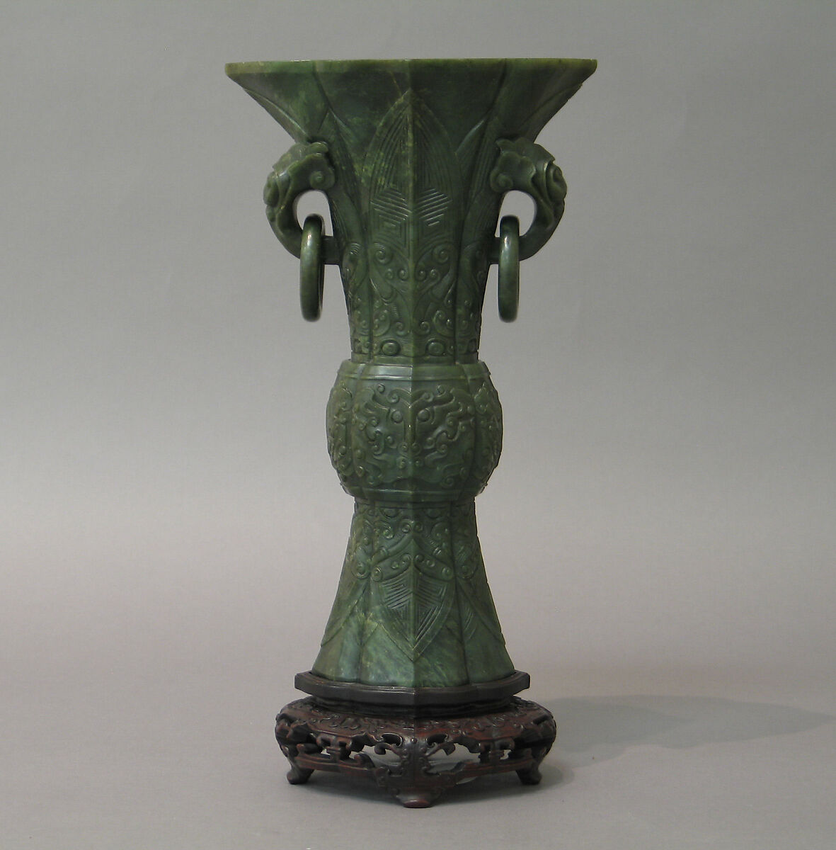 Beaker of Ancient Bronze Design, Nephrite, spinach-green, China 