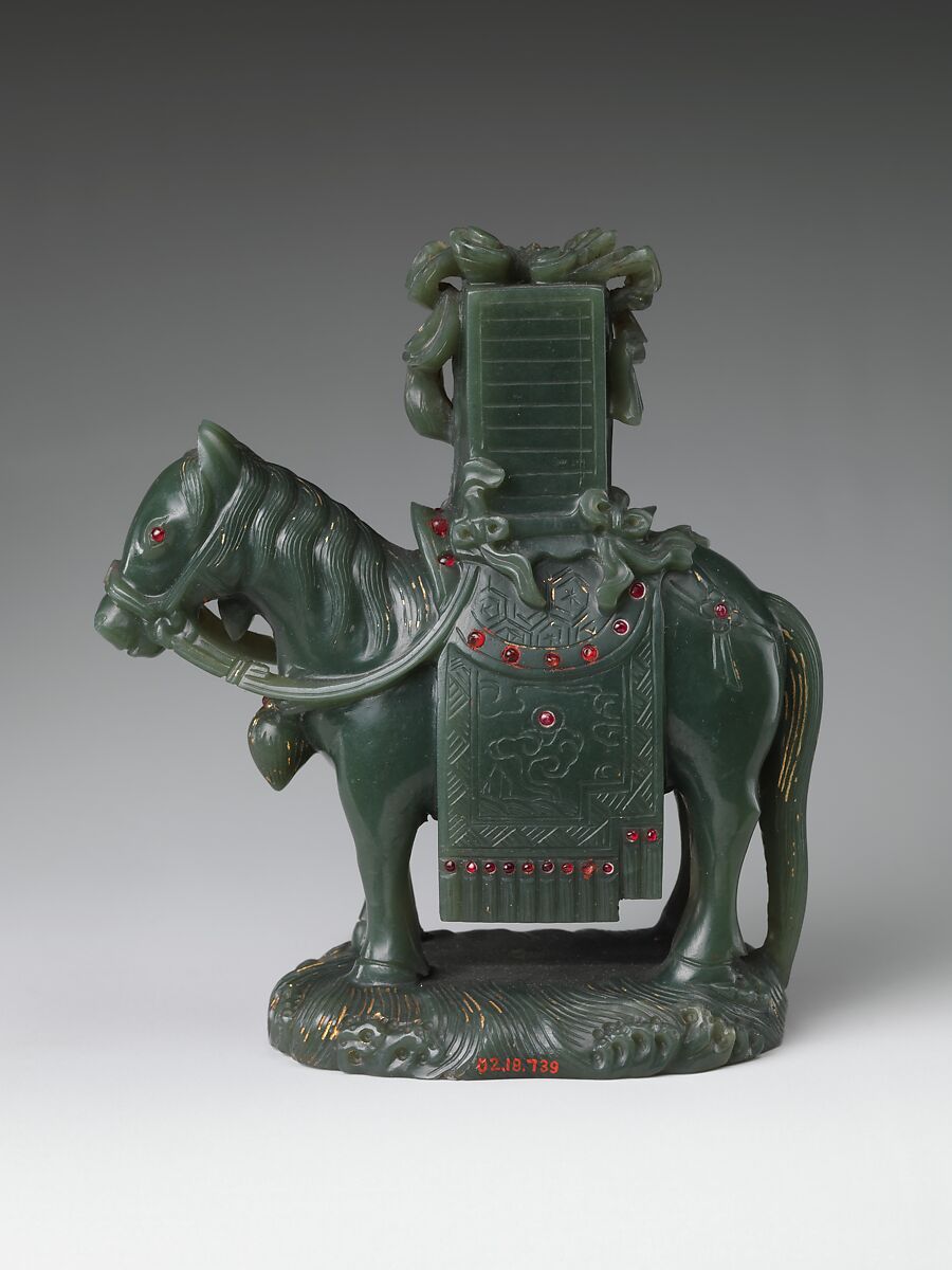 Horse carrying books, Jade (nephrite) with semiprecious stone inlays, China 