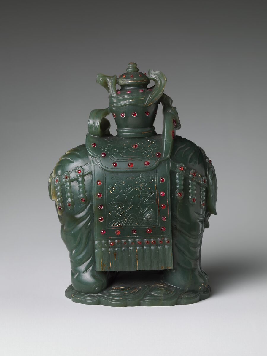 Elephant carrying a vase, Jade (nephrite) with semiprecious stone inlays, China