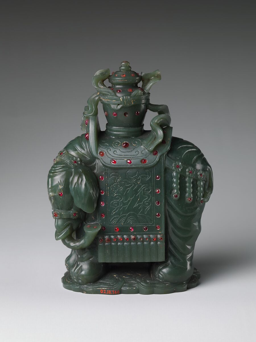 Elephant carrying a vase, Jade (nephrite) inlaid with garnet , China 