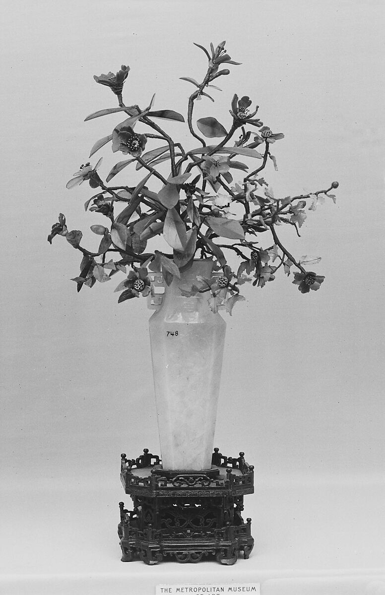 Vase with Flowers, Jadeite, the vases white with mottlings of emerald-green and a very faint lavender tint, China