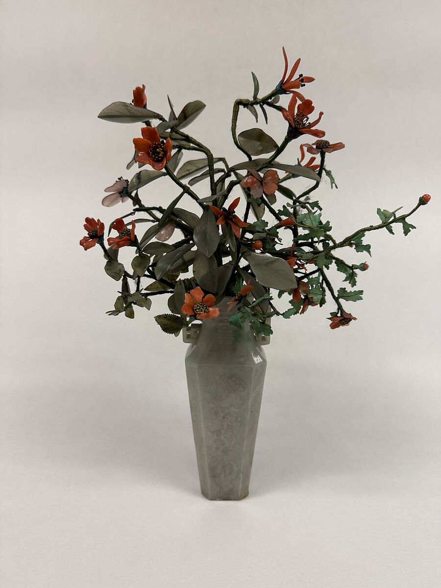 Vase with Flowers, Jadeite, the vases white with mottlings of emerald-green and a very faint lavender tint, China