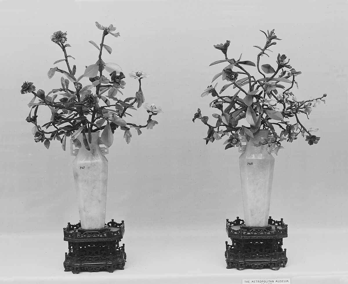 Vase with Flowers, Jadeite, the vases white with mottlings of emerald-green and a very faint lavender tint, China