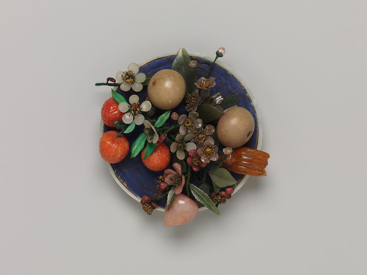 Dish of Fruit and Peach Blossoms, Jade (jadeite) and various stones, amber, glass, bone, and feathers, China
