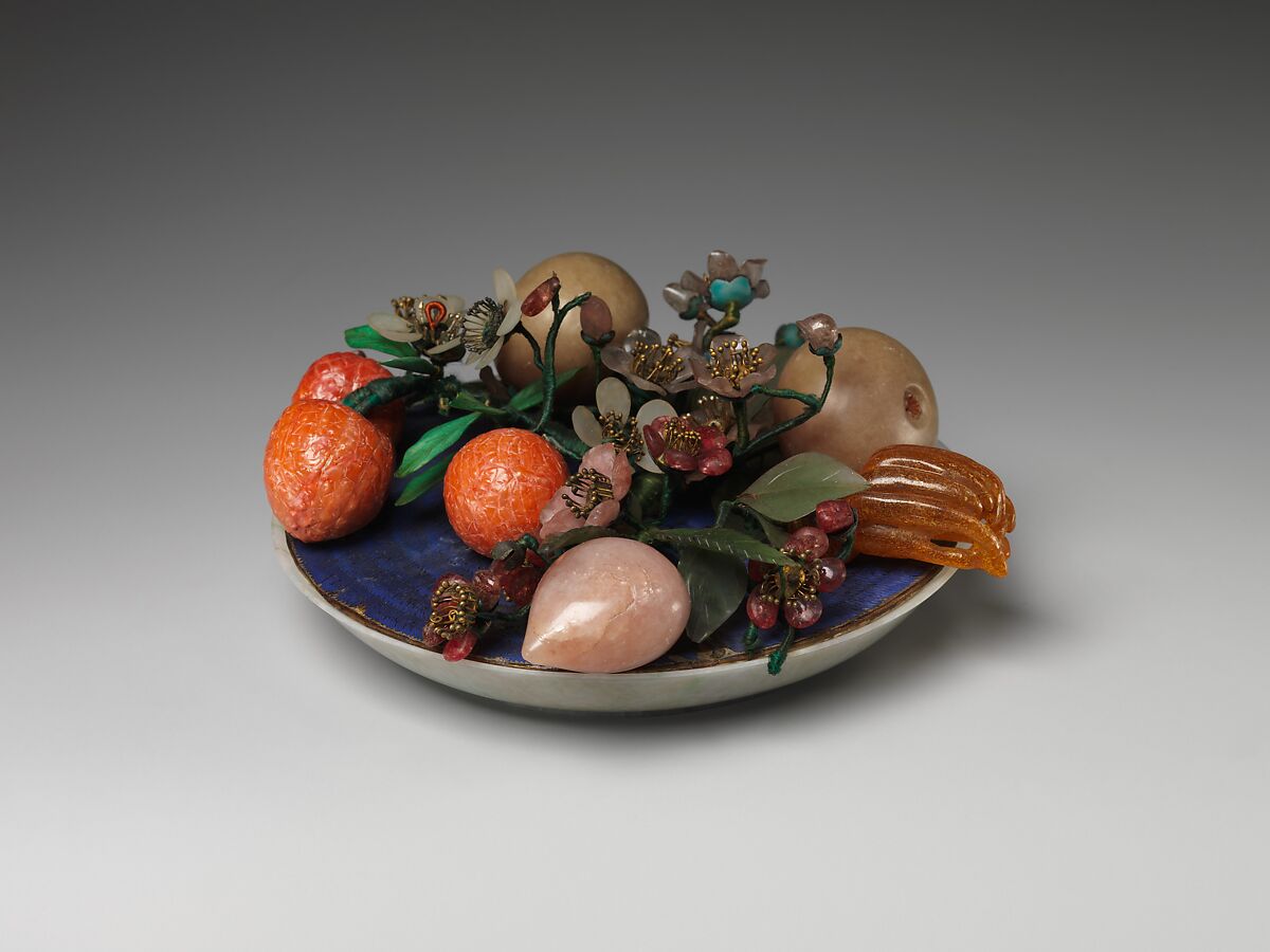 Dish of Fruit and Peach Blossoms, Jade (jadeite) and various stones, amber, glass, bone, and feathers, China