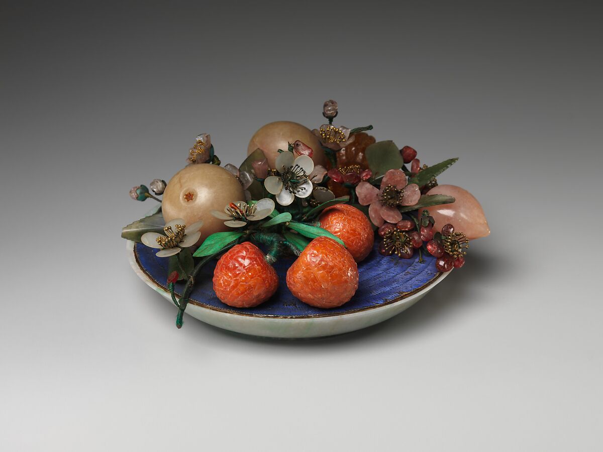 Dish of Fruit and Peach Blossoms, Jade (jadeite) and various stones, amber, glass, bone, and feathers, China 