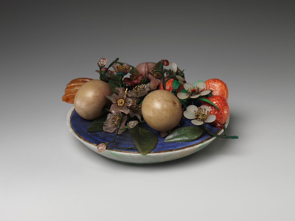Dish of Fruit and Peach Blossoms, Jade (jadeite) and various stones, amber, glass, bone, and feathers, China
