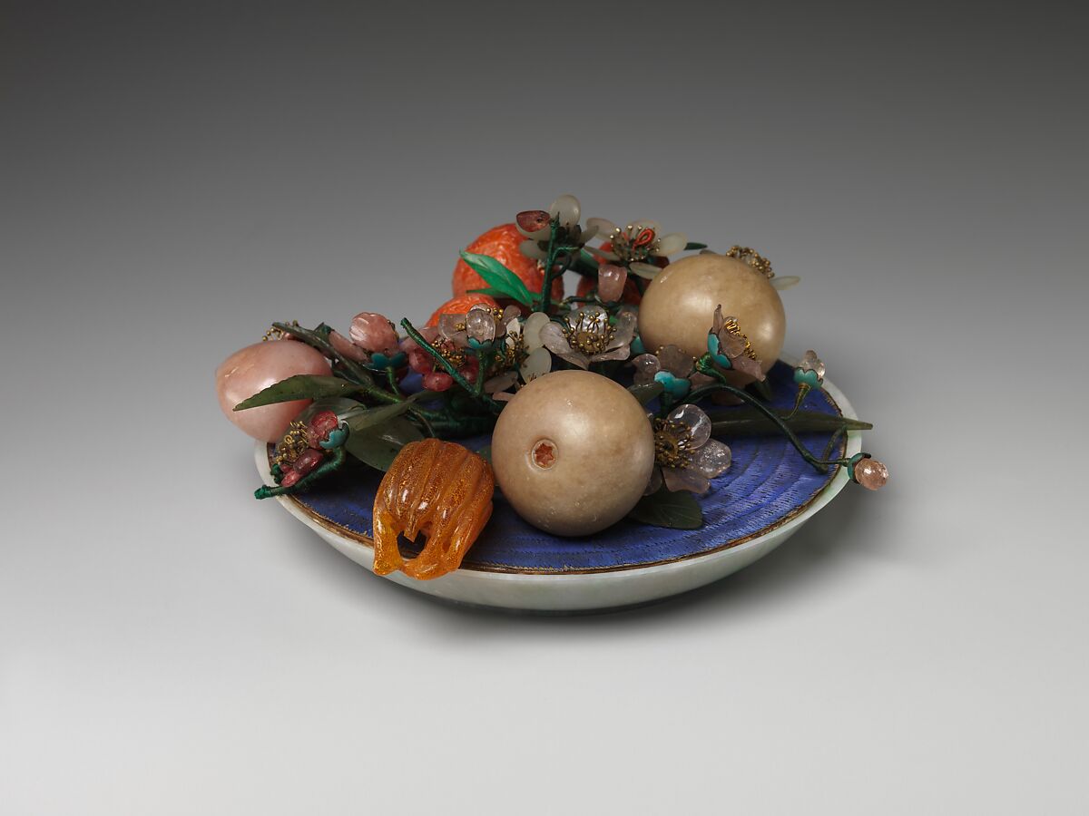 Dish of Fruit and Peach Blossoms, Jade (jadeite) and various stones, amber, glass, bone, and feathers, China
