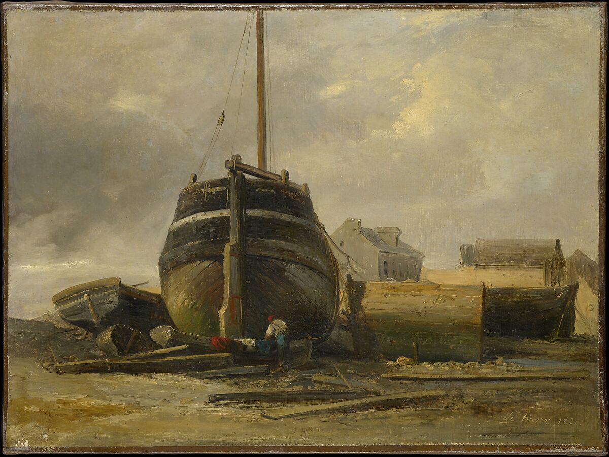 Shipyard at Le Havre, Jules Coignet (French, Paris 1798–1860 Paris), Oil on paper, laid down on canvas 
