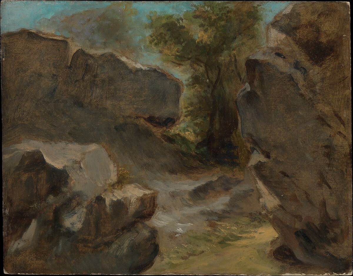 Landscape with Rocks, Augerville, Eugène Delacroix (French, Charenton-Saint-Maurice 1798–1863 Paris), Oil on cardboard 