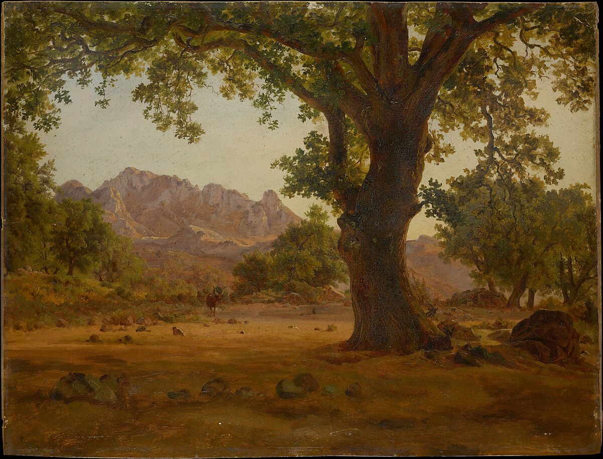 Oak Tree in a Mountainous Landscape, German Painter (19th century), Oil on paper, laid down on cardboard 