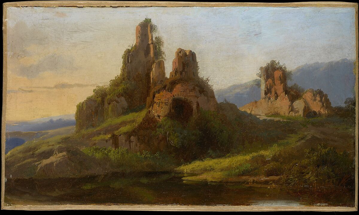 Ruins in the Roman Campagna, André Giroux (French, Paris 1801–1879 Paris), Oil on paper, laid down on cardboard 