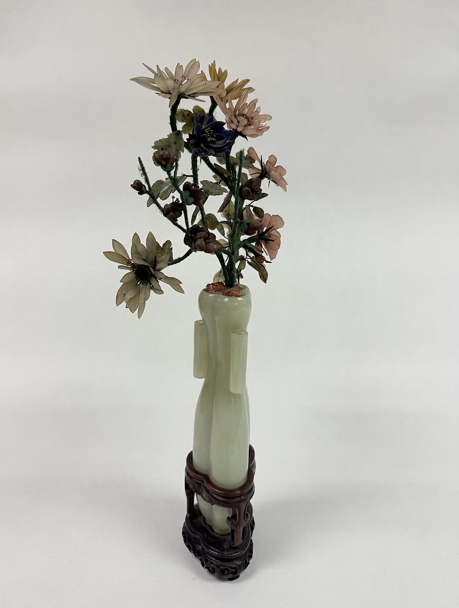Vase with Flowers, Nephrite, white of light greenish tint, and other colors, China