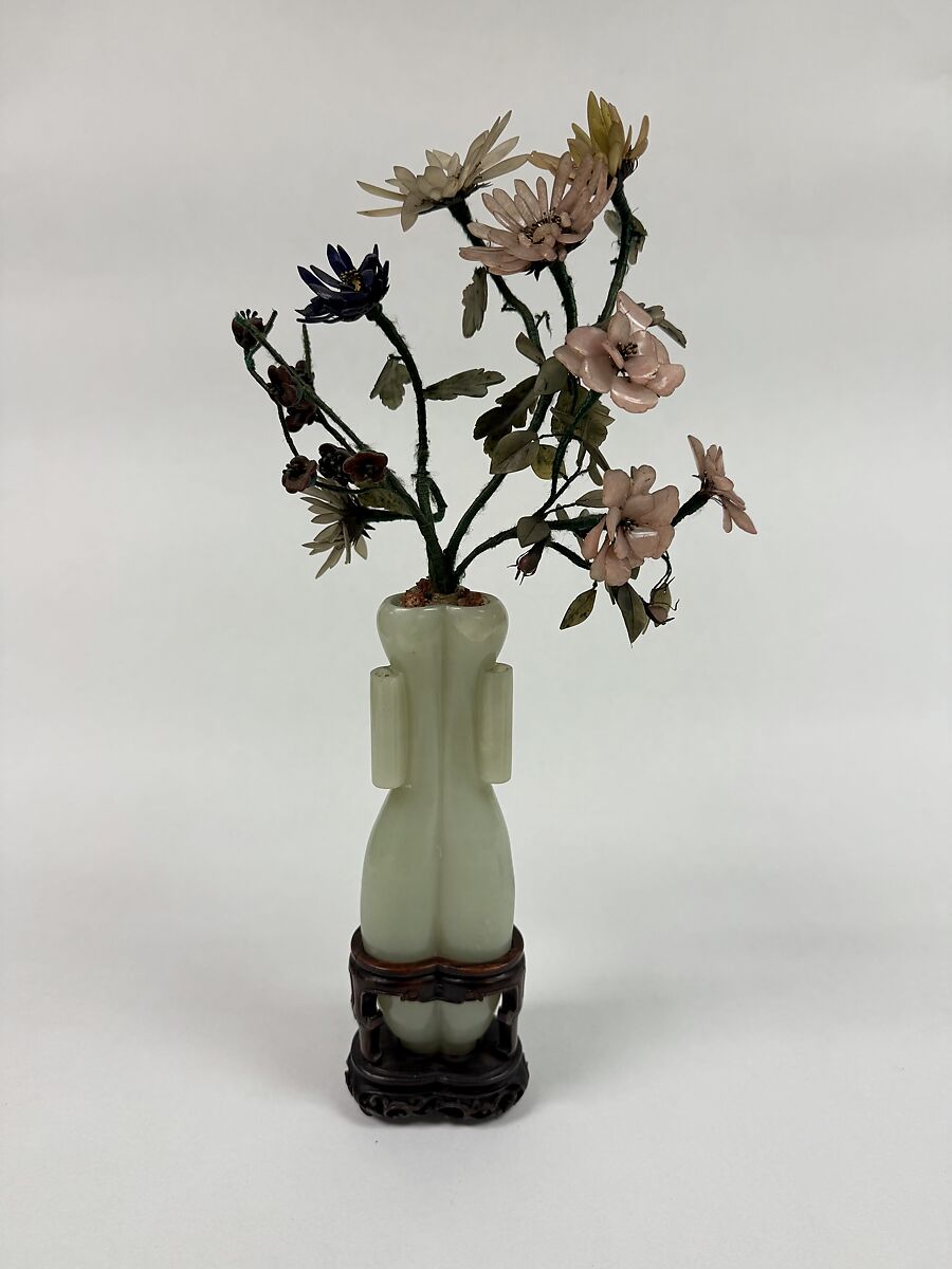 Vase with Flowers, Nephrite, white of light greenish tint, and other colors, China