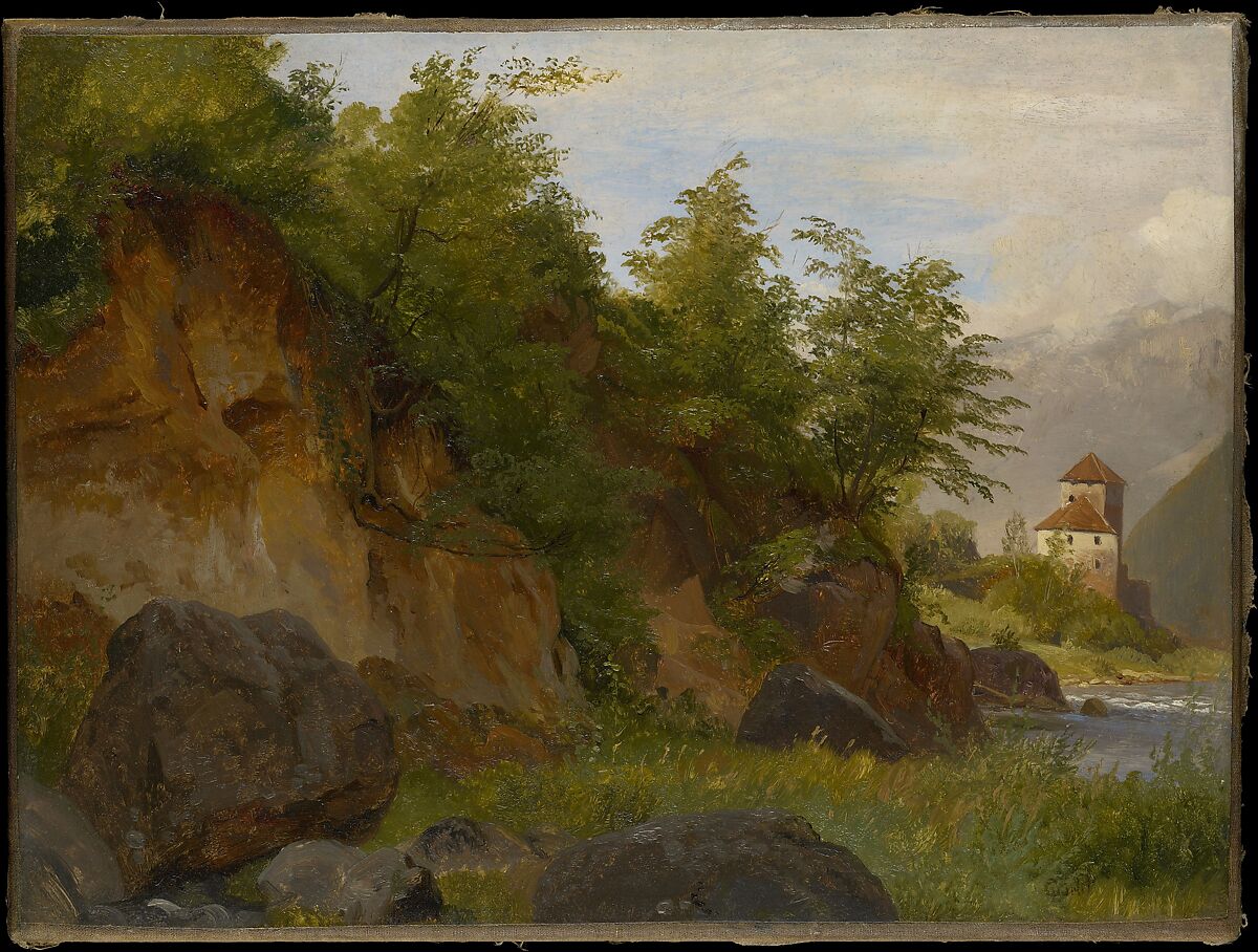Landscape with a Castle on the River Etsch, Louis Gurlitt (German, Altona 1812–1897 Naundorf, Saxony), Oil on paper, laid down on canvas 