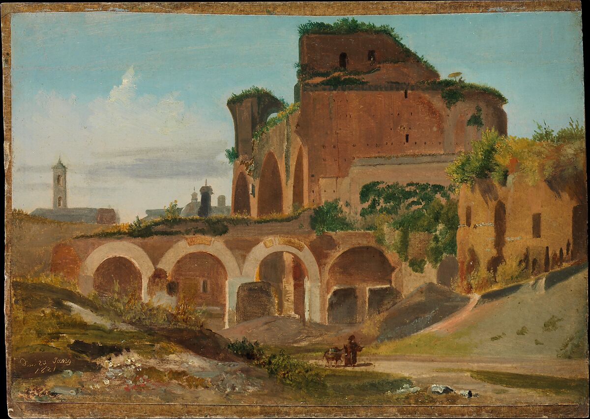 The Basilica of Constantine, Rome, Johann Adam Klein (German, Nuremberg 1792–1875 Munich), Oil on paper, laid down on cardboard 