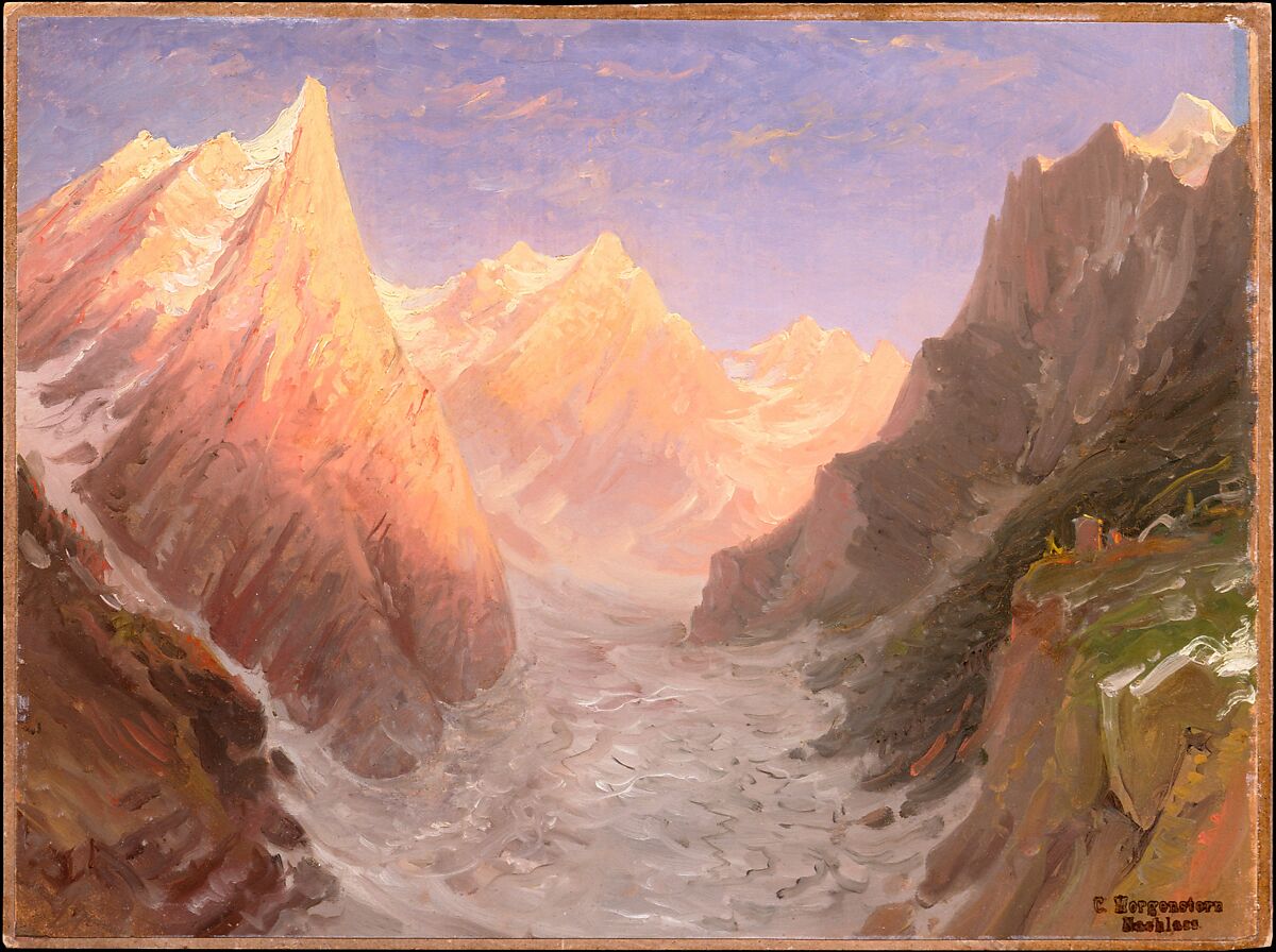 Jungfrau, Mönch, and Eiger, Carl Morgenstern (German, Frankfurt 1811–1893 Frankfurt), Oil on paper, laid down on cardboard 