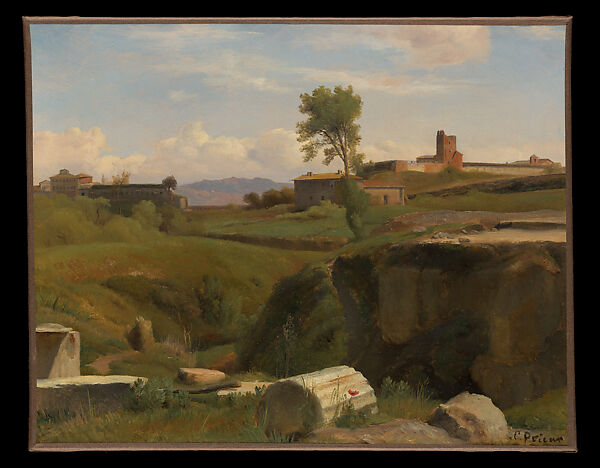 View on the Aventine Hill, Rome, Romain-Étienne-Gabriel Prieur (French, La Ferté-Gaucher 1806–1879? Paris), Oil on paper, laid down on canvas 
