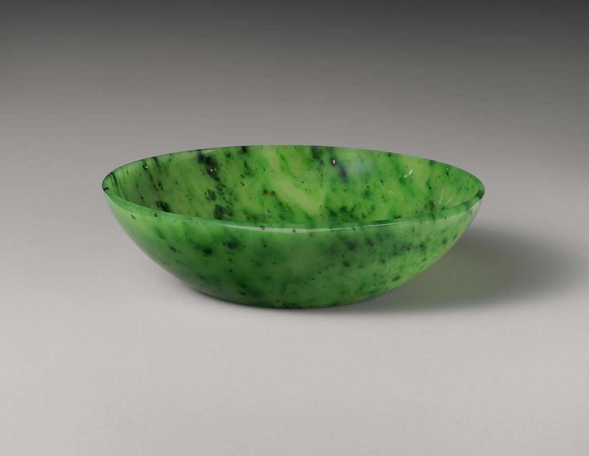 Bowl, Nephrite, variegated pear-leaf green with tiny specks of black, Russia 