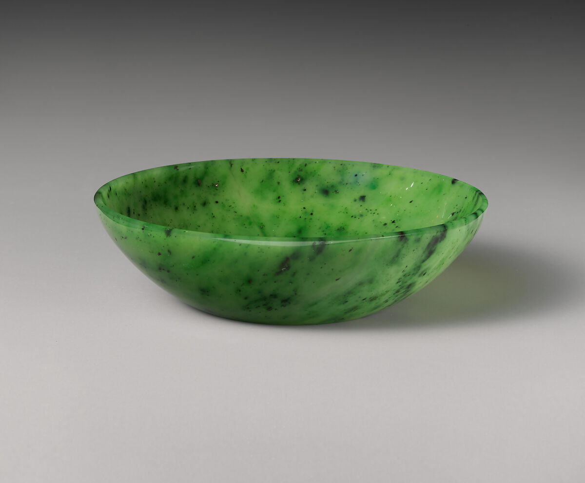 Bowl, Nephrite, variegated pear-leaf green with tiny specks of black, Russia