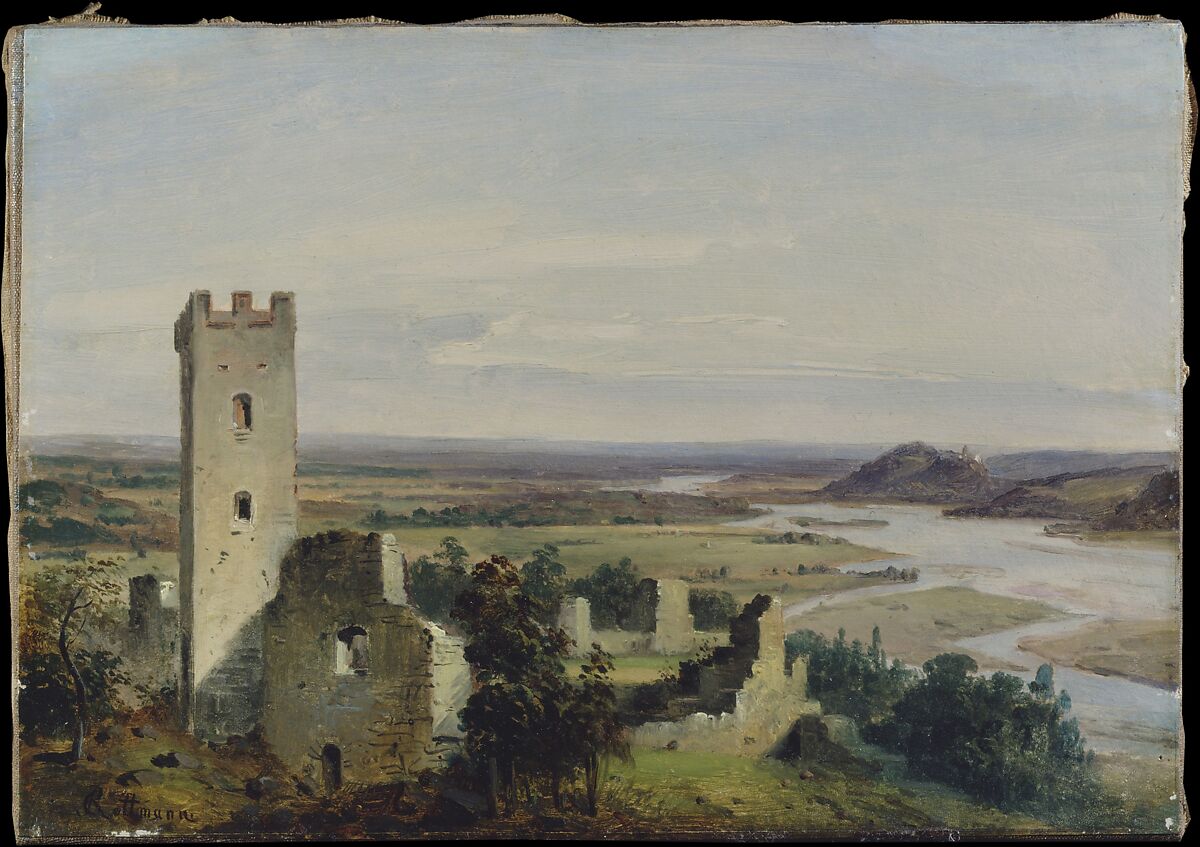 River Landscape with Castle Ruins, Carl Rottmann (German, Handschuhsheim 1797–1850 Munich), Oil on paper, laid down on canvas 