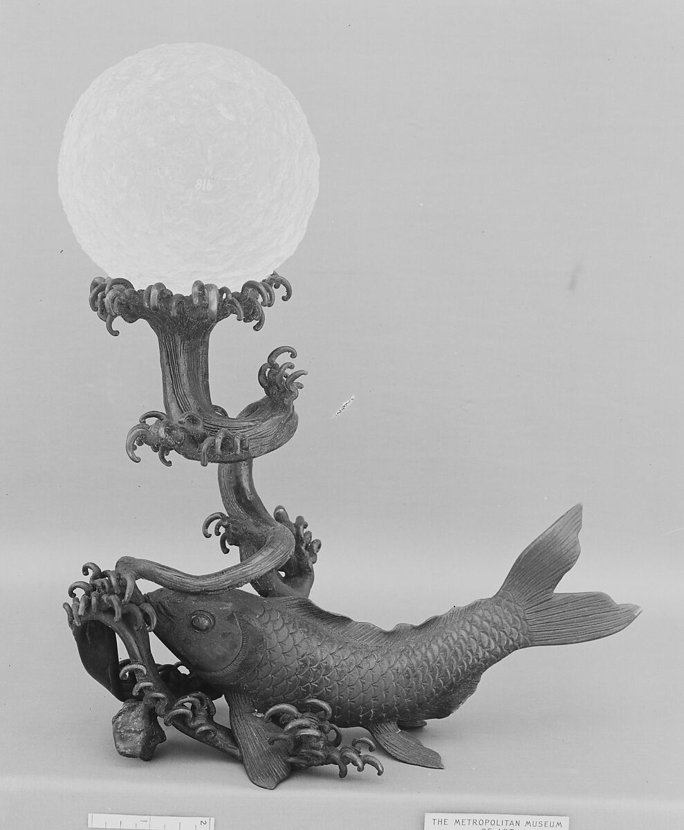 Crystal Ball on a Bronze Stand in the Shape of a Fish, a) Rock crystal; b) Bronze, China 