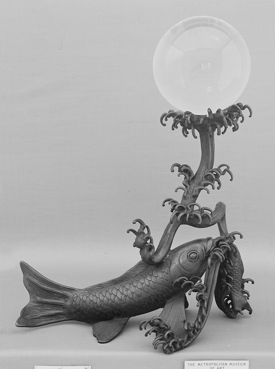 Crystal Ball on a Bronze Stand in the Shape of a Fish, a) Rock crystal; b) Bronze, China 