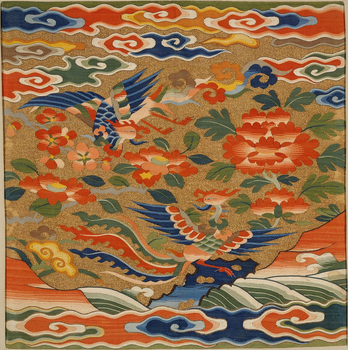 Rank badge with two phoenixes, Silk and metal thread tapestry (kesi), China 