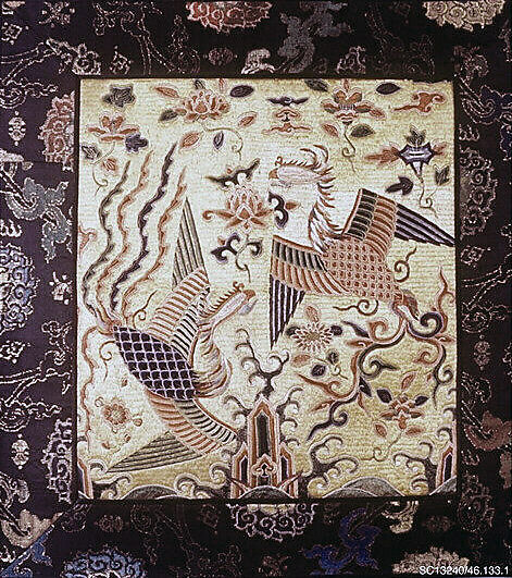 Square with Phoenixes, Silk and metallic-thread embroidery on plain-weave silk, China 