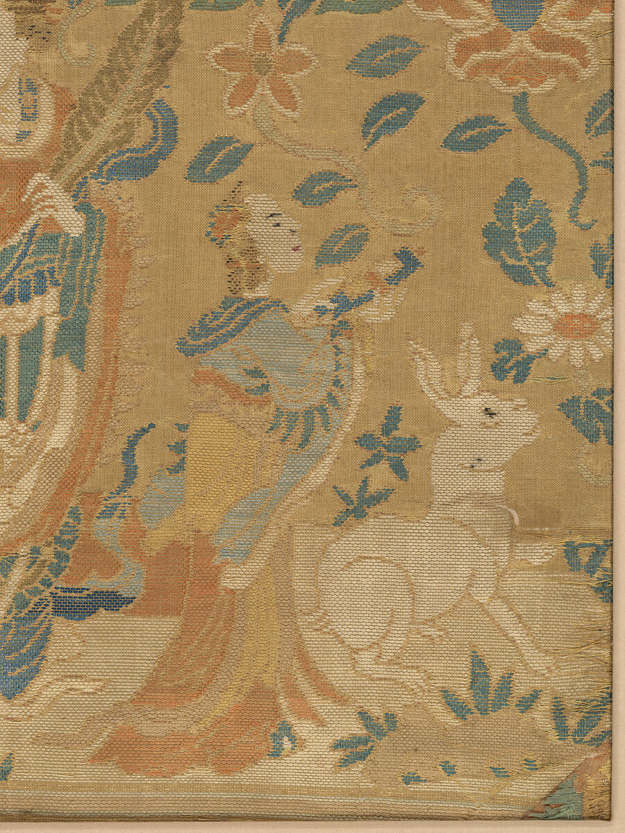 Panel with the moon goddess and attendants, Plain weave silk brocaded with metal thread, China